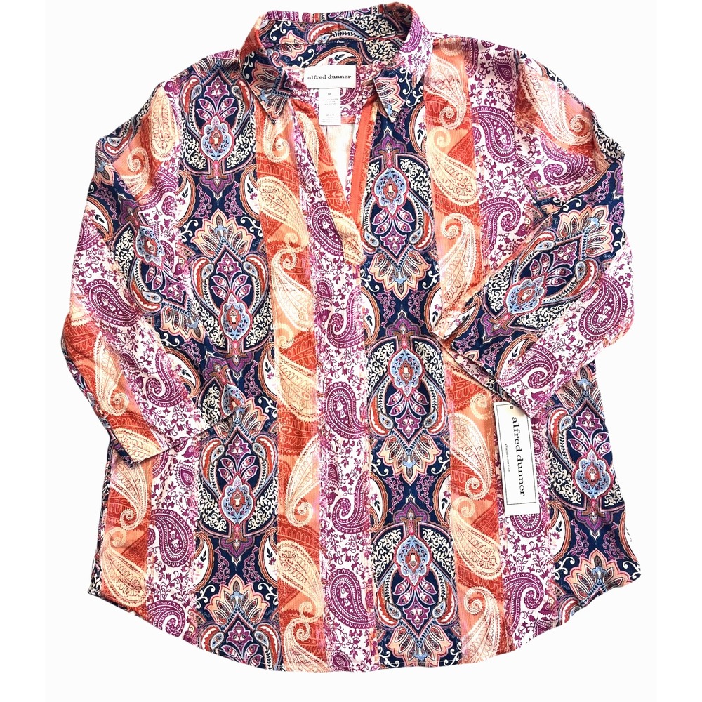 alfred dunner Paisley V-Neck Blouse sz M Orange Navy Pink Spring Casual